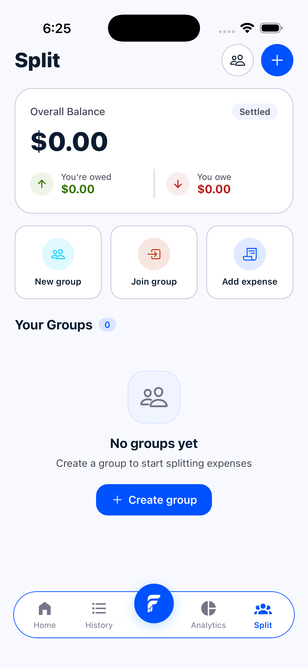 Fin split groups screen with group balances and shared expenses
