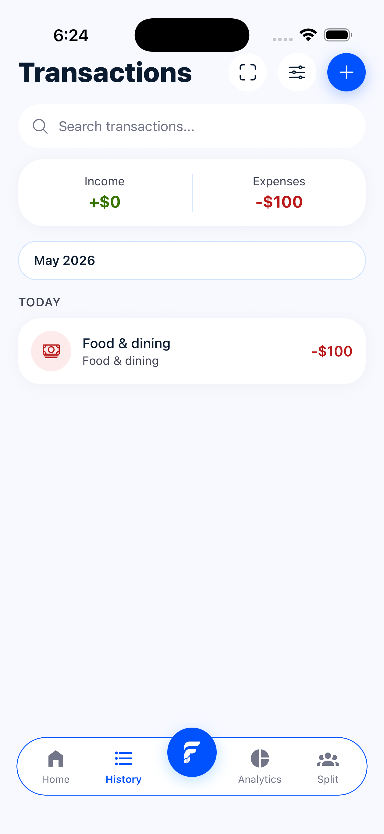 Fin transactions list with monthly summary, search, filters, categories, and add transaction controls